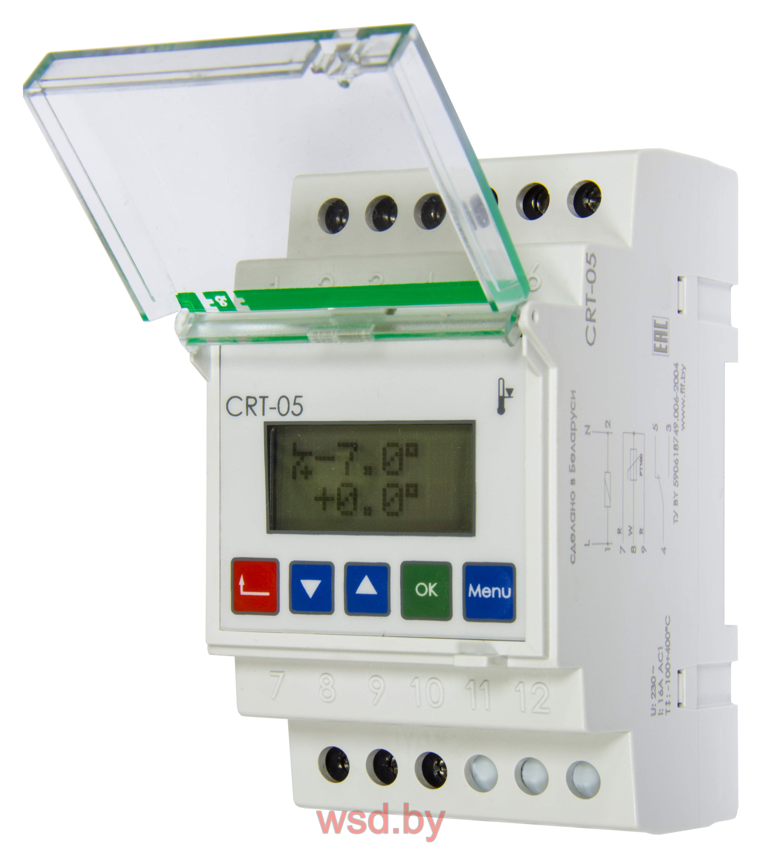CRT-05 Регулятор температуры цифровой (без датчика) диапазон температур от -100 до +400°С,, многофункциональный, ЖКИ индикация, для работы с датчиком РТ100, 3 модуля, монтаж на DIN-рейке 230В AC 16А  1NO/NC IP20